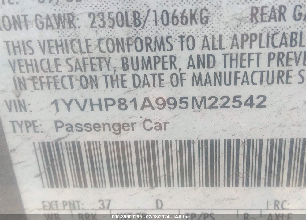 2009 MAZDA 6 I SPORT VIN: 1YVHP81A995M22542