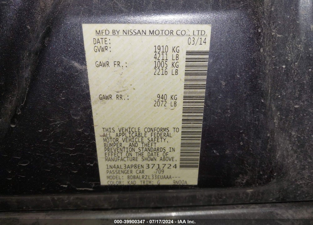 2014 NISSAN ALTIMA 2.5 S VIN: 1N4AL3AP8EN371724