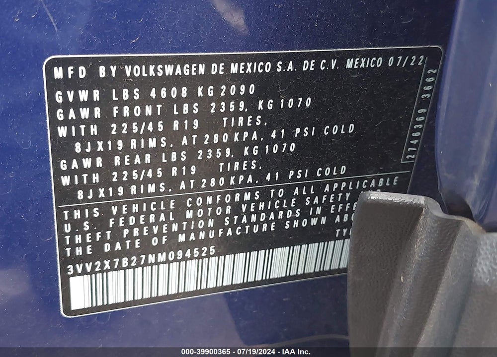 2022 VOLKSWAGEN TAOS 1.5T SEL VIN: 3VV2X7B27NM094525