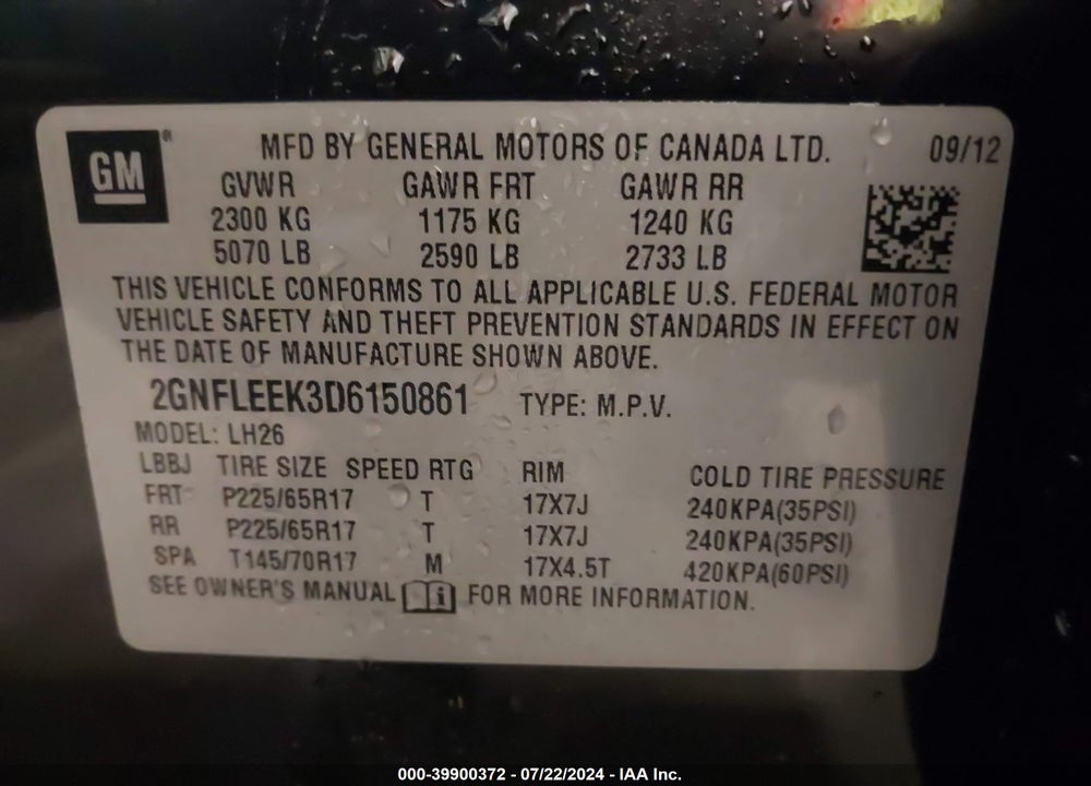 2013 CHEVROLET EQUINOX 1LT VIN: 2GNFLEEK3D6150861