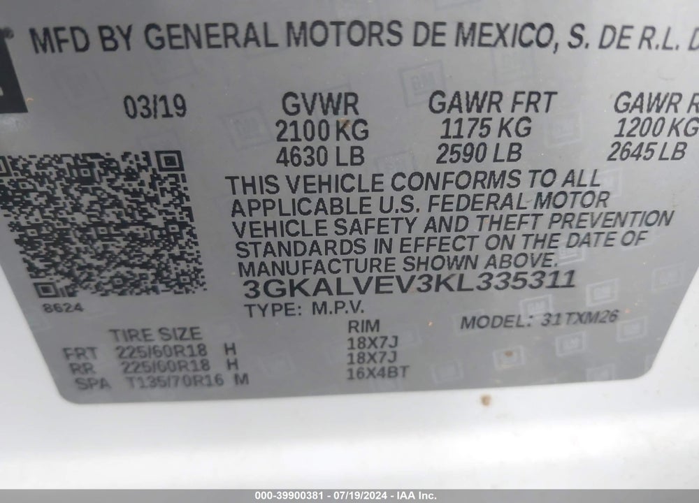 2019 GMC TERRAIN SLT VIN: 3GKALVEV3KL335311