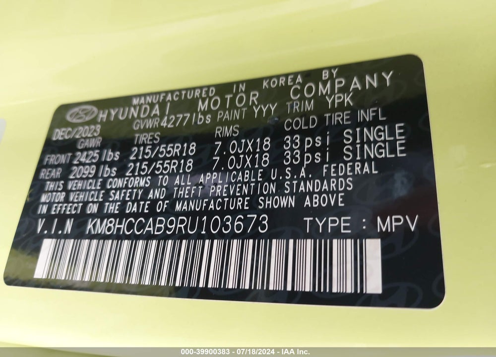 2024 HYUNDAI KONA SEL VIN: KM8HCCAB9RU103673