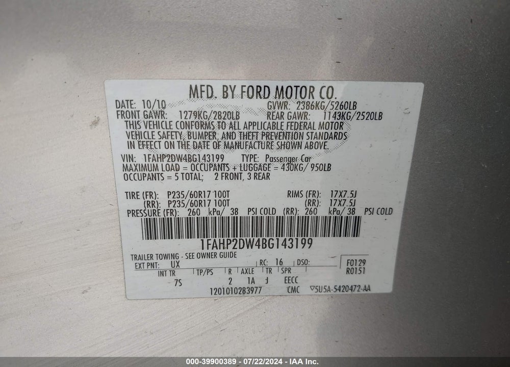 2011 FORD TAURUS VIN: 1FAHP2DW4BG143199