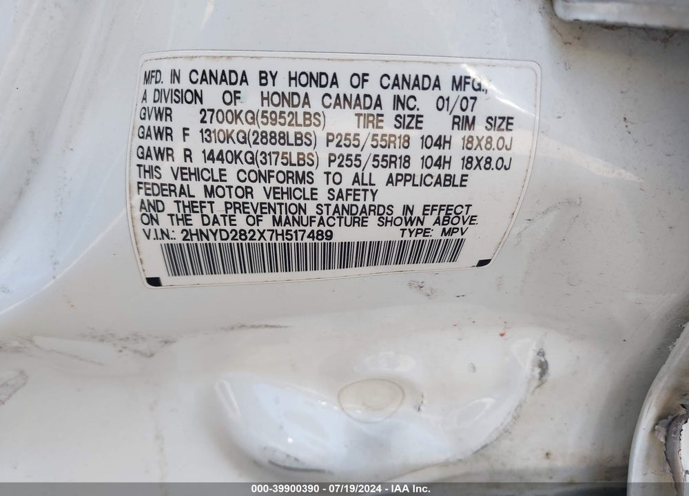 2007 ACURA MDX VIN: 2HNYD282X7H517489