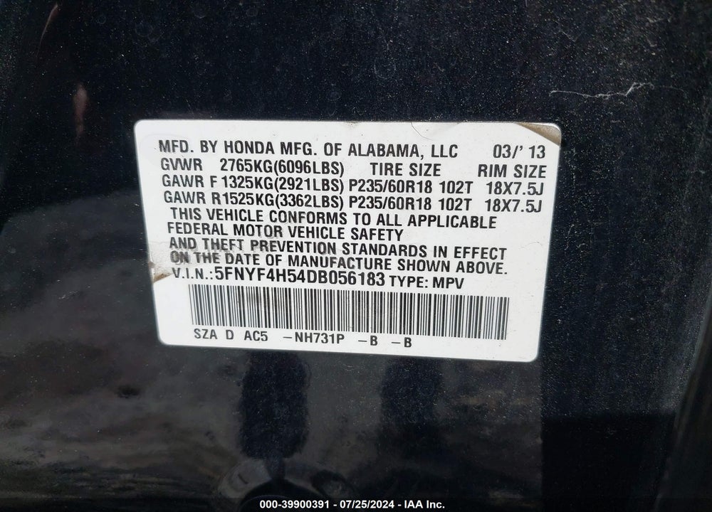 2013 HONDA PILOT EX-L VIN: 5FNYF4H54DB056183