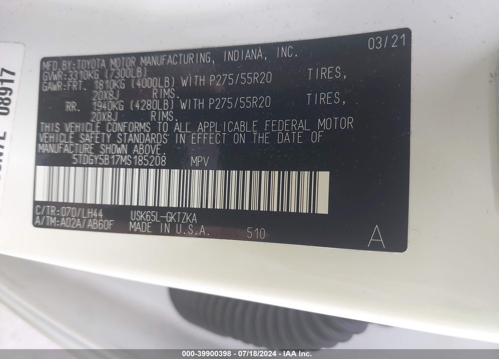 2021 TOYOTA SEQUOIA PLATINUM VIN: 5TDGY5B17MS185208