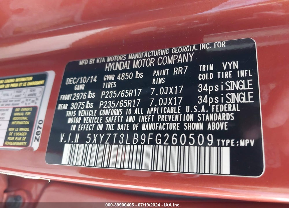 2015 HYUNDAI SANTA FE SPORT 2.4L VIN: 5XYZT3LB9FG260509