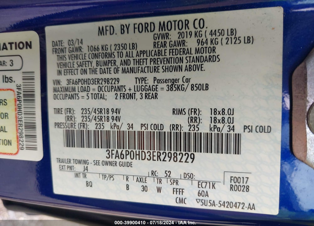 2014 FORD FUSION SE VIN: 3FA6P0HD3ER298229
