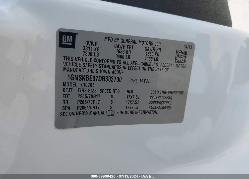 2013 CHEVROLET TAHOE LT VIN: 1GNSKBE07DR303700