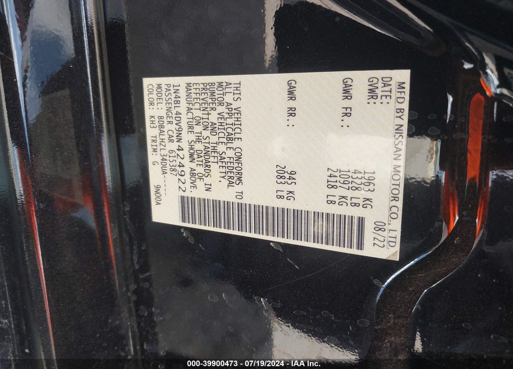 2022 NISSAN ALTIMA SV FWD VIN: 1N4BL4DV9NN424922