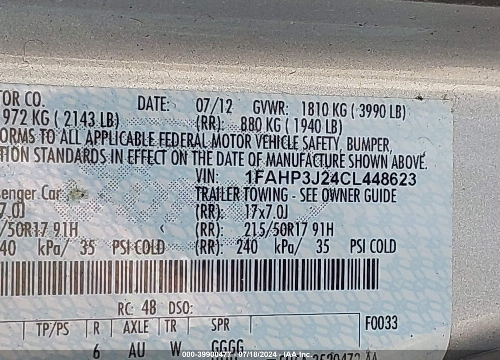 2012 FORD FOCUS TITANIUM VIN: 1FAHP3J24CL448623