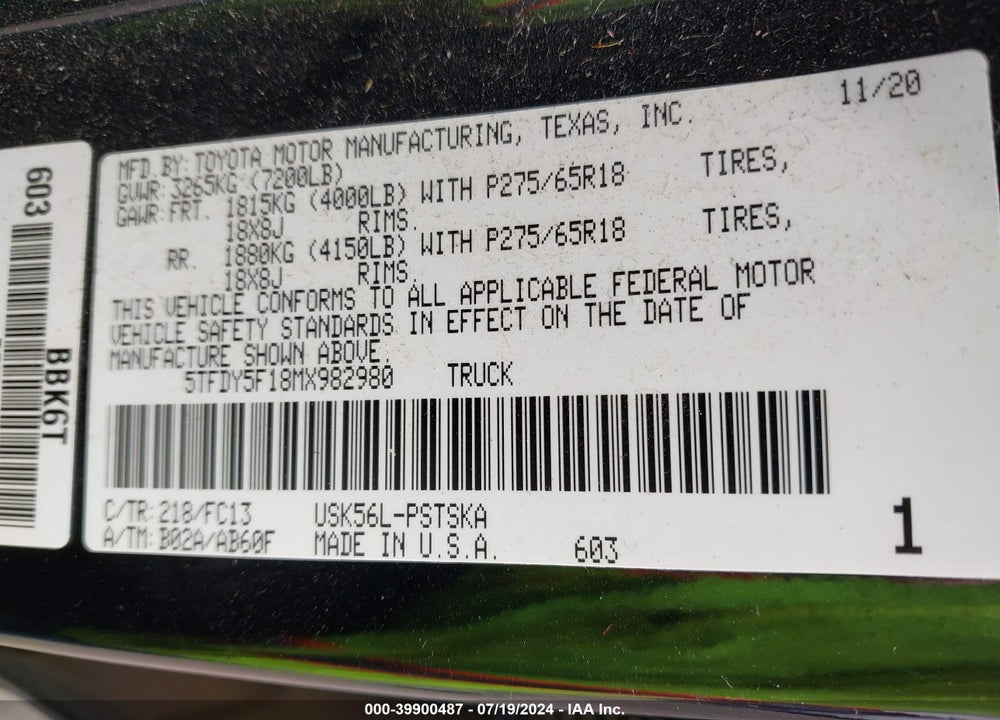 2021 TOYOTA TUNDRA SR5 VIN: 5TFDY5F18MX982980