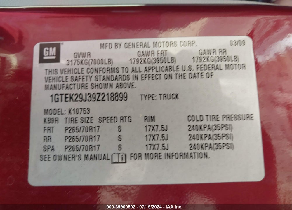 2009 GMC SIERRA 1500 SLE VIN: 1GTEK29J39Z218899