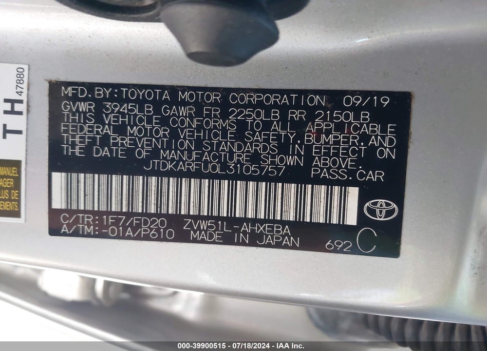 2020 TOYOTA PRIUS LE VIN: JTDKARFU0L3105757