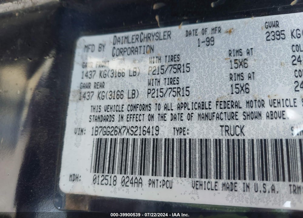 1999 DODGE DAKOTA SLT/SPORT VIN: 1B7GG26X7XS216419