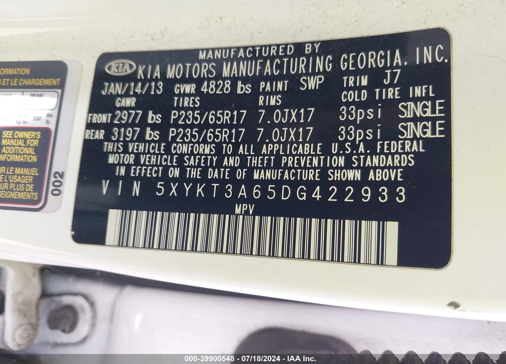 2013 KIA SORENTO LX VIN: 5XYKT3A65DG422933