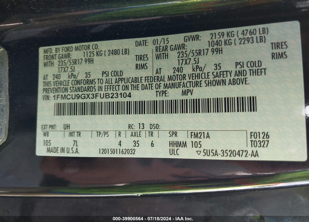 2015 FORD ESCAPE SE VIN: 1FMCU9GX3FUB23104