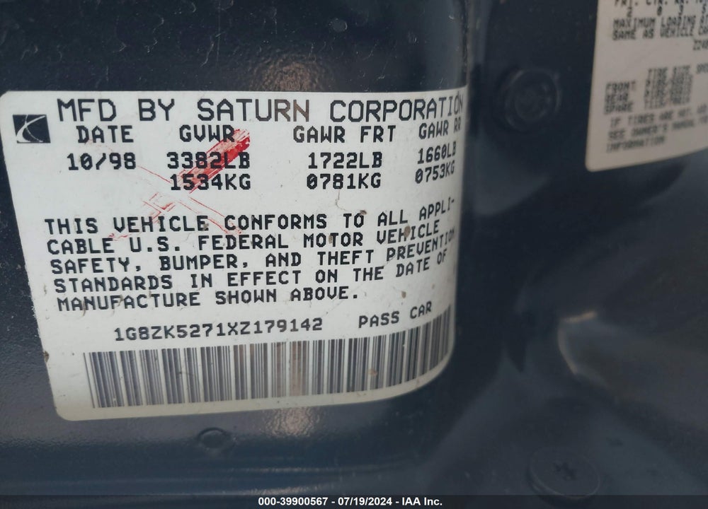 1999 SATURN SL2 VIN: 1G8ZK5271XZ179142