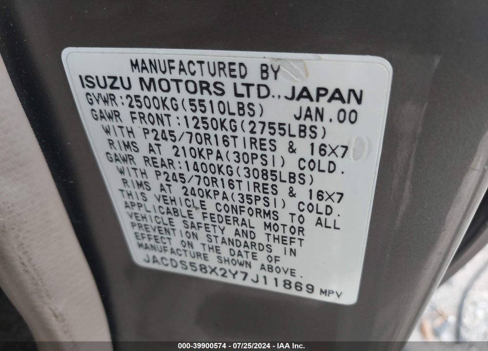 2000 ISUZU TROOPER LIMITED/LS/S VIN: JACDS58X2Y7J11869