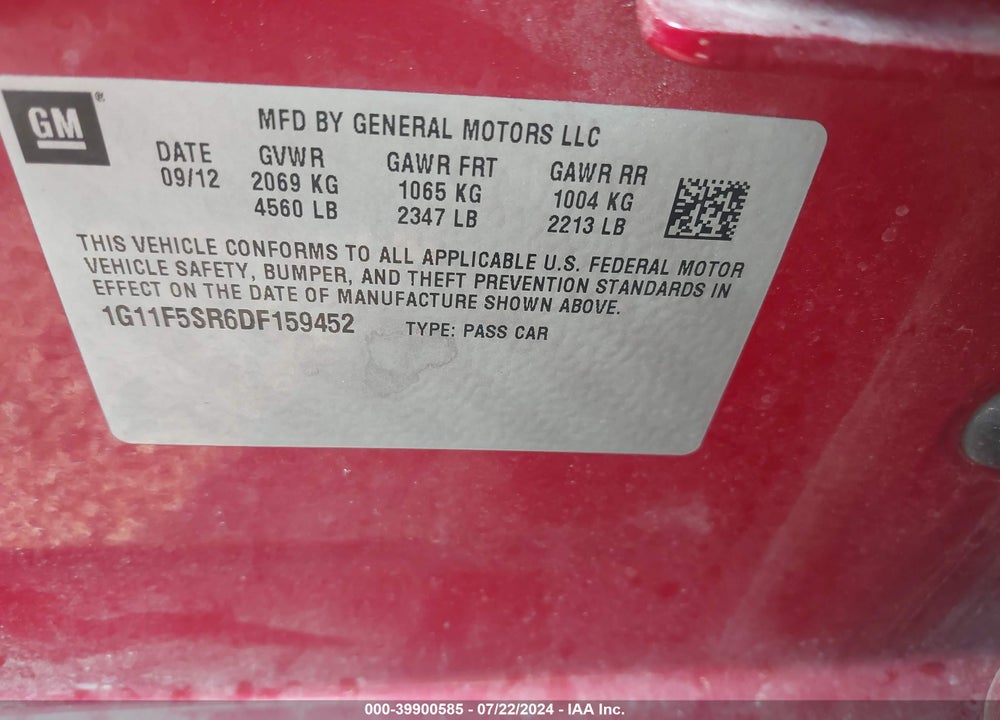 2013 CHEVROLET MALIBU ECO PREMIUM AUDIO VIN: 1G11F5SR6DF159452