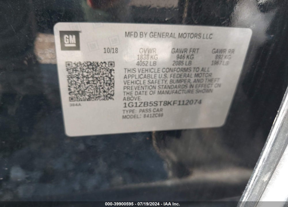 2019 CHEVROLET MALIBU 1LS VIN: 1G1ZB5ST8KF112074