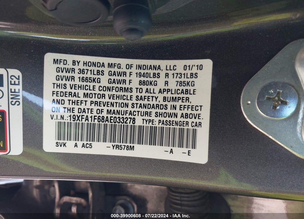 2010 HONDA CIVIC LX-S VIN: 19XFA1F68AE033278