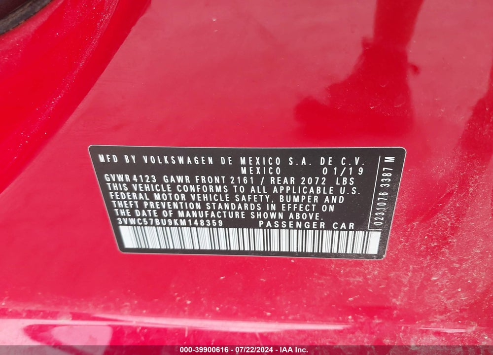 2019 VOLKSWAGEN JETTA 1.4T R-LINE/1.4T S/1.4T SE VIN: 3VWC57BU9KM148359