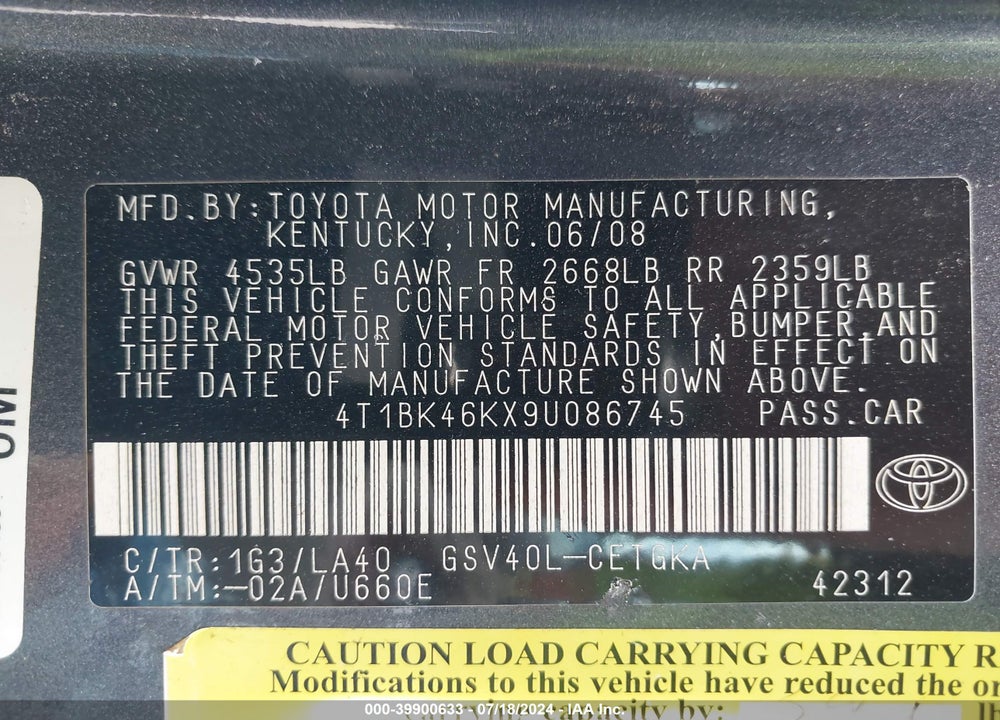 2009 TOYOTA CAMRY XLE V6 VIN: 4T1BK46KX9U086745