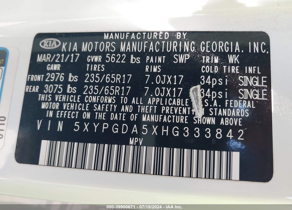 2017 KIA SORENTO 3.3L LX VIN: 5XYPGDA5XHG333842