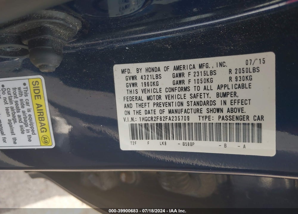 2015 HONDA ACCORD EX-L VIN: 1HGCR2F82FA235709