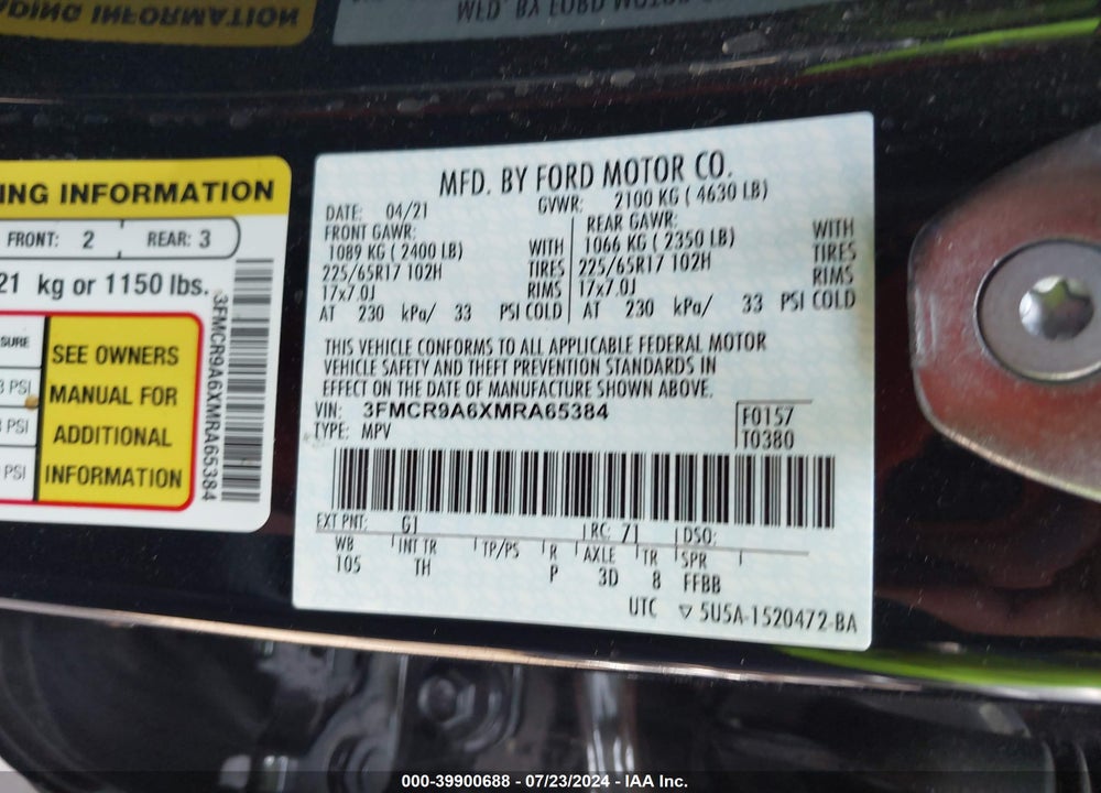 2021 FORD BRONCO SPORT VIN: 3FMCR9A6XMRA65384