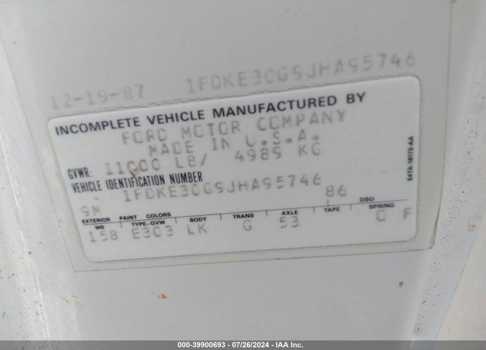 1988 FORD ECONOLINE VIN: 1FDKE30G9JHA95746