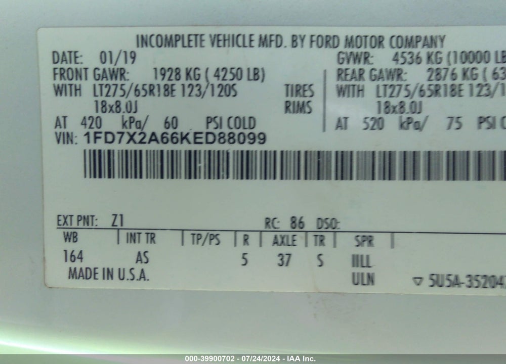 2019 FORD F-250 XL VIN: 1FD7X2A66KED88099