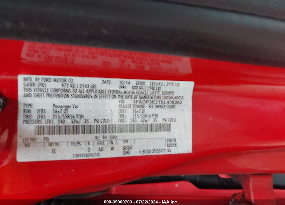 2014 FORD FOCUS SE VIN: 1FADP3K21EL438292