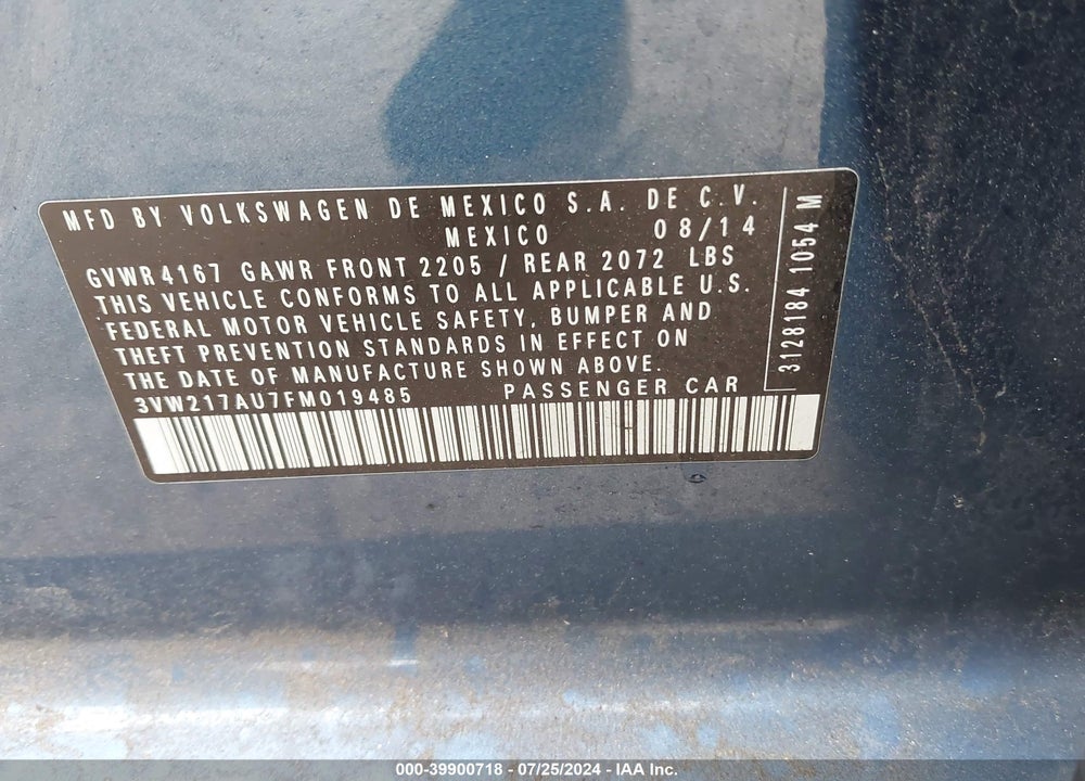 2015 VOLKSWAGEN GOLF TSI S 4-DOOR VIN: 3VW217AU7FM019485