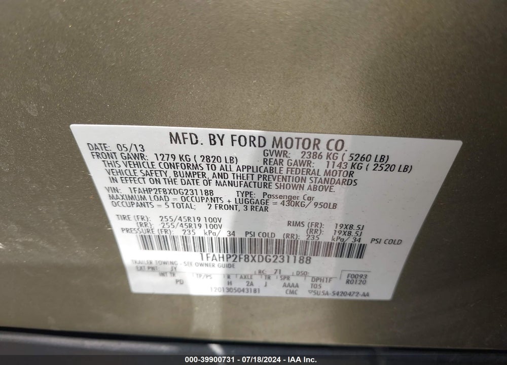 2013 FORD TAURUS LIMITED VIN: 1FAHP2F8XDG231188