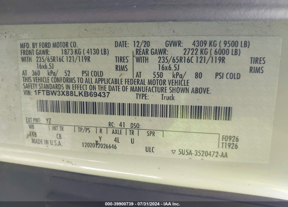 2020 FORD TRANSIT-350 CARGO VAN VIN: 1FTBW3X88LKB69437