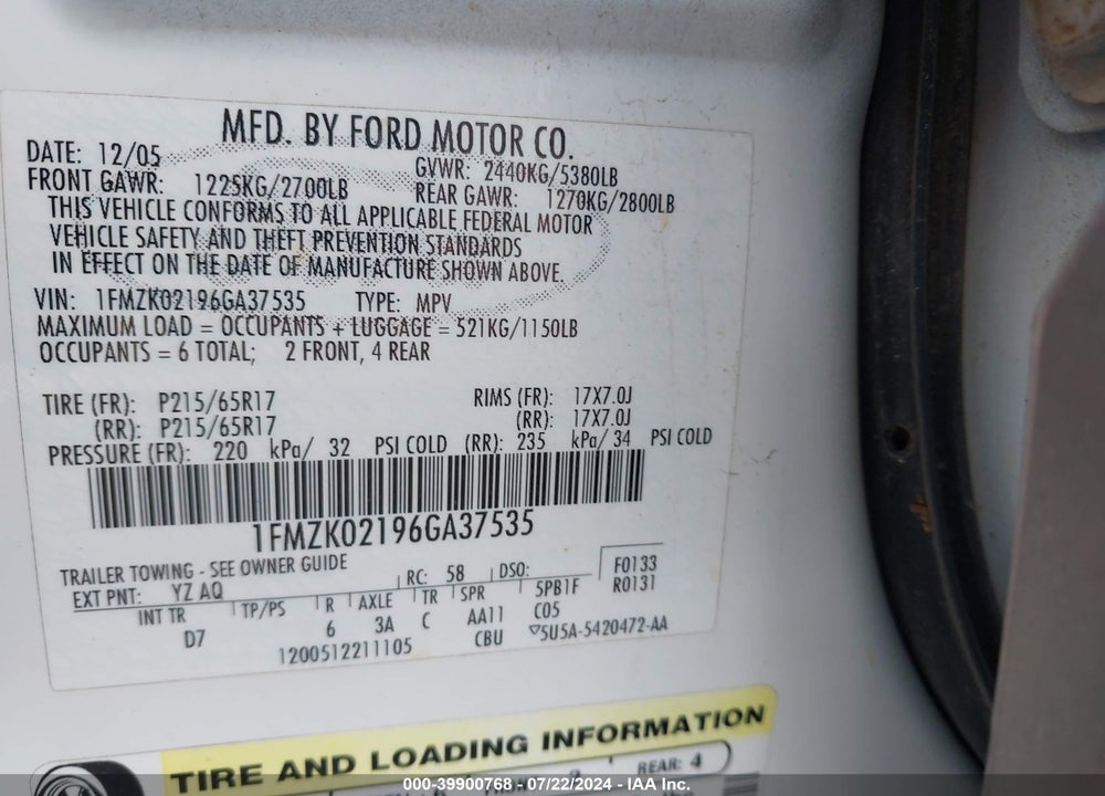 2006 FORD FREESTYLE SEL VIN: 1FMZK02196GA37535