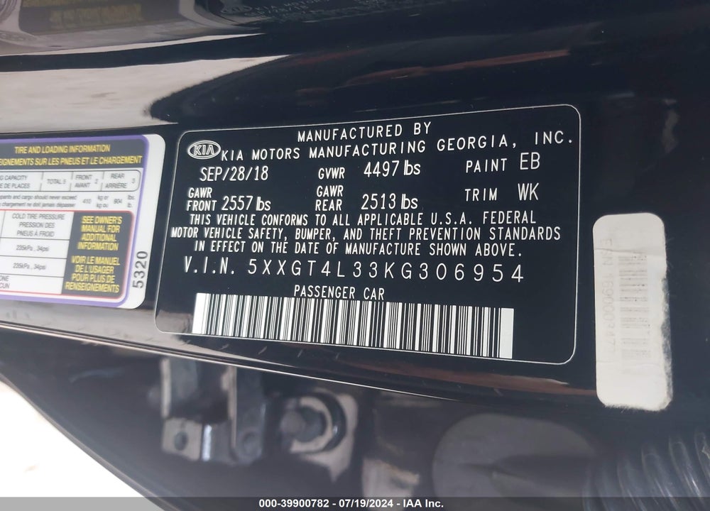 2019 KIA OPTIMA S VIN: 5XXGT4L33KG306954