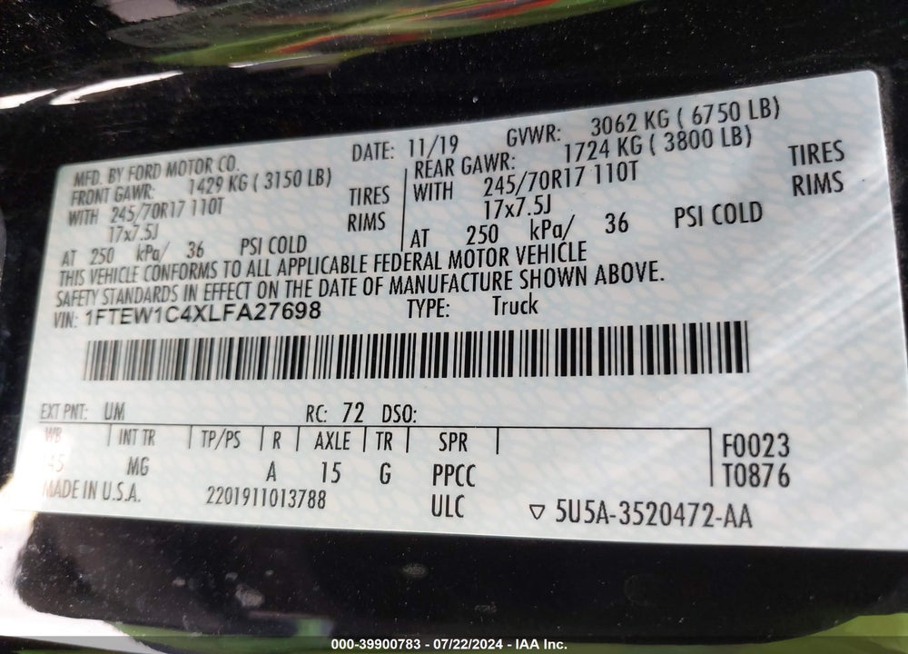 2020 FORD F-150 XLT VIN: 1FTEW1C4XLFA27698