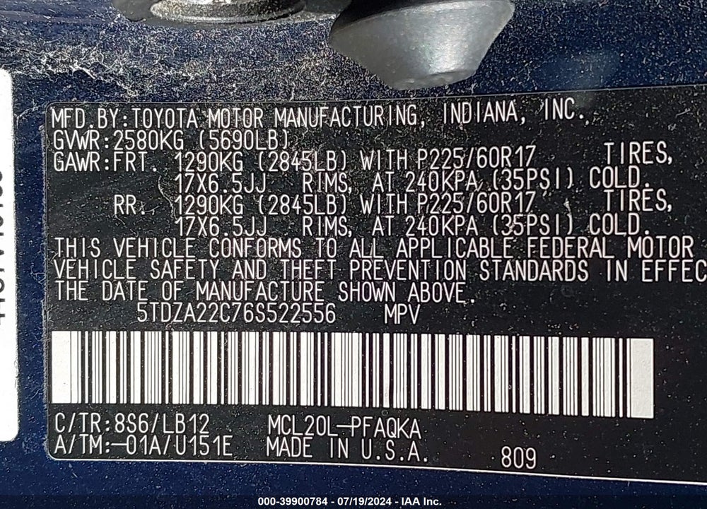 2006 TOYOTA SIENNA XLE VIN: 5TDZA22C76S522556