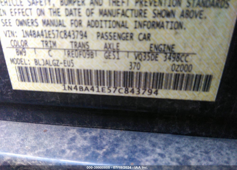 2007 NISSAN MAXIMA 3.5 SL VIN: 1N4BA41E57C843794