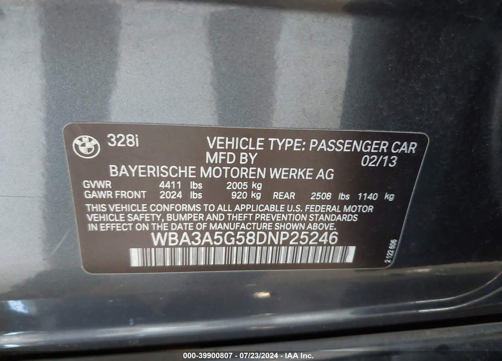 2013 BMW 328I VIN: WBA3A5G58DNP25246