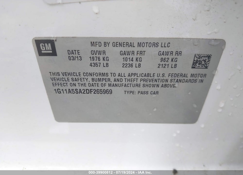 2013 CHEVROLET MALIBU 1FL VIN: 1G11A5SA2DF265969