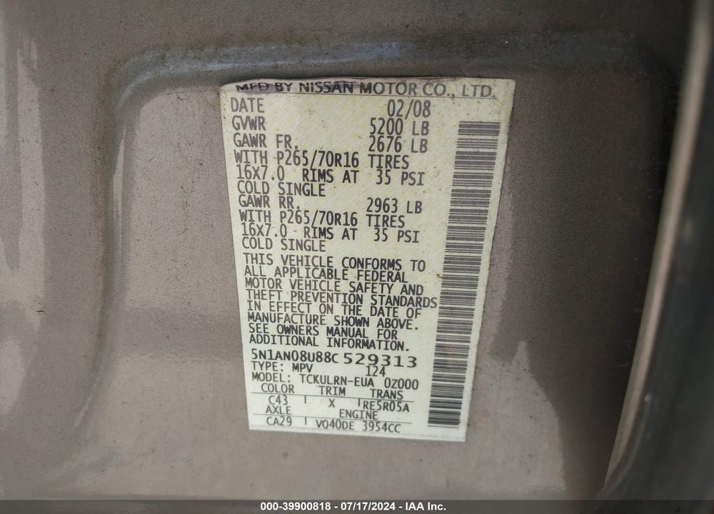 2008 NISSAN XTERRA S VIN: 5N1AN08U88C529313