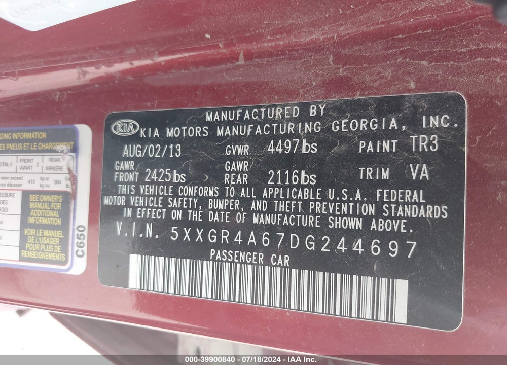 2013 KIA OPTIMA SX VIN: 5XXGR4A67DG244697