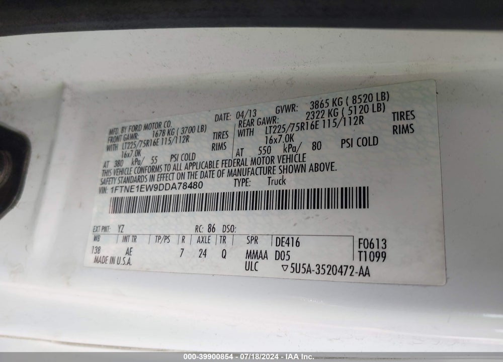 2013 FORD E-150 COMMERCIAL VIN: 1FTNE1EW9DDA78480