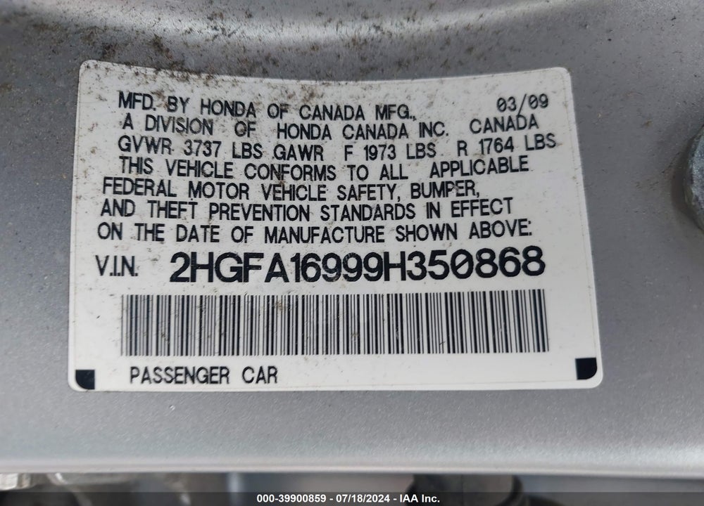 2009 HONDA CIVIC EX-L VIN: 2HGFA16999H350868