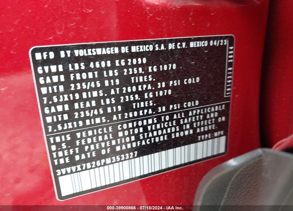 2023 VOLKSWAGEN TAOS VIN: 3VVVX7B26PM353327