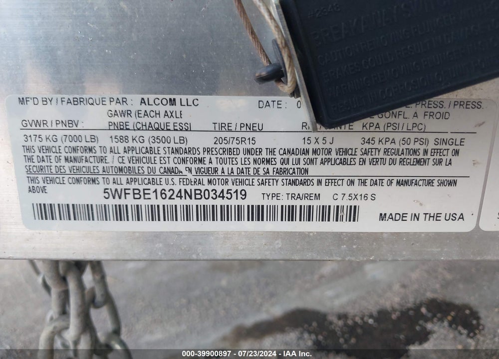 2022 STEEL C7.5X16S VIN: 5WFBE1624NB034519
